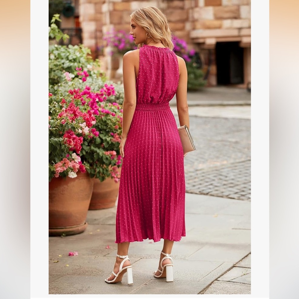 ✨NWT PRETTY GARDEN Pink Swiss Dot Ruffle Midi Dress - Picture 3 of 4